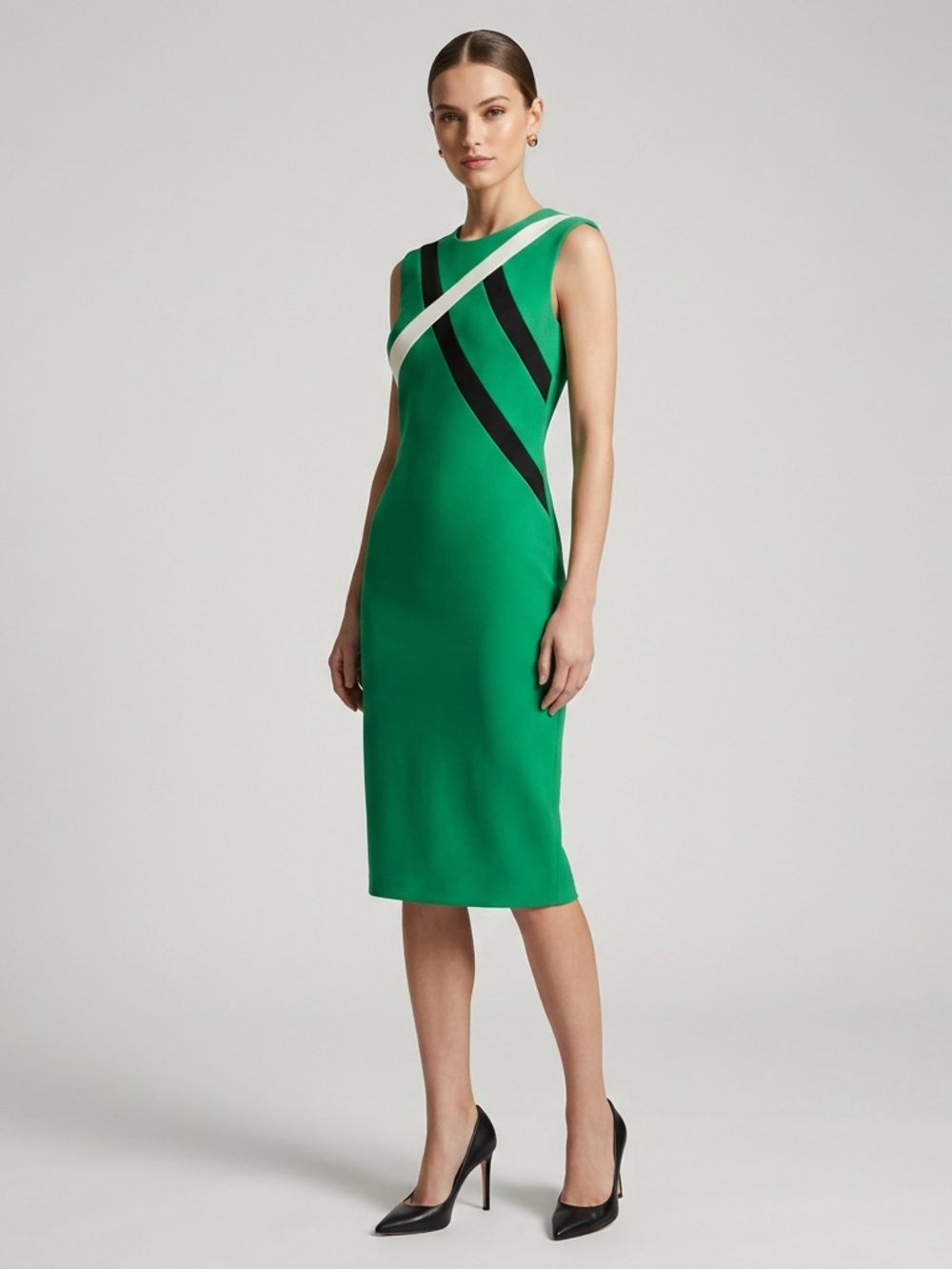 Calvin Klein Emerald Green Sheath Dress with Black and White Stripes